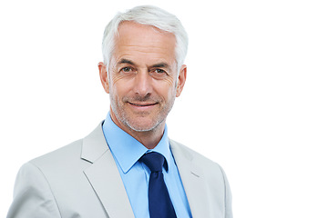 Image showing Smile, portrait and senior businessman in studio with positive, good and confident attitude. Happy, legal career and headshot of professional mature male lawyer in suit isolated by white background.
