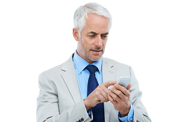 Image showing Phone, networking and senior businessman in studio reading corporate blog on the internet. Technology, manager and professional mature ceo scroll on mobile app with cellphone by white background.