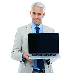 Image showing Studio, portrait and mature businessman by laptop screen for web design and technology with ux for office worker. Senior it specialist, face or computer ui for website or mockup by white background