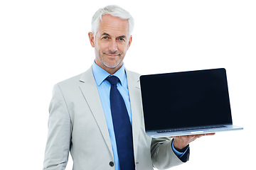 Image showing CEO, portrait and businessman with laptop screen in studio isolated on a white background mockup space. Senior, manager and professional with computer display, advertising and show promotion on tech