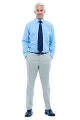 Image showing Studio, portrait or businessman for confidence in suit and professional worker with hands in pocket. Mature accountant, face or pride in career in corporate clothes or positive by white background