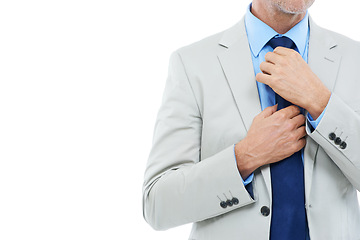 Image showing Suit, hands and businessman fix tie in studio isolated on white background mockup space. CEO, professional and adjust necktie for preparation, correction and lawyer getting ready in formal clothes