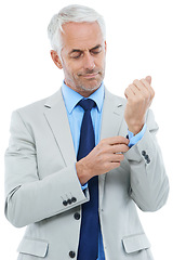 Image showing Fashion, getting ready and dressing with mature businessman in studio isolated on white background. Corporate, suit and clothes with confident professional CEO in outfit for company management