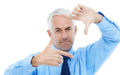 Image showing Finger frame, portrait and businessman in studio for posing with picture capture expression. Serious, photography and senior professional male person with border hand gesture by white background.