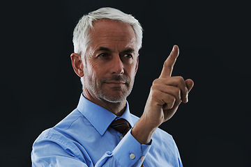 Image showing Business man, finger and interface for choice isolated on a black studio background. Touch, professional and hand gesture on screen, click and future innovation of digital technology for senior CEO