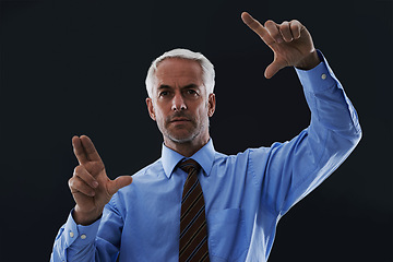 Image showing Business man, hands and digital interface isolated on a black studio background. Touch, professional and finger gesture on screen, face and future innovation of technology for serious senior CEO