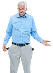 Image showing Businessman, portrait and hands with empty pocket or bankrupt or no money for financial crisis, unemployment or studio. Male person, face and economic problem with poverty, white background or mockup