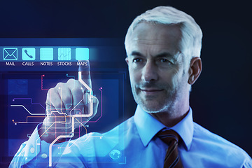 Image showing Businessman, hand and digital interface for map technology for location or directions, security or hologram. Male person, fingers and 3d overlay for innovation or tracking, internet or futuristic