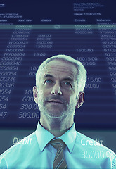 Image showing Man, thinking and overlay of stock market or digital as finance data as hologram or futuristic, technology or numbers. Male person, exchange and 3d or analytics for trading, double exposure or online