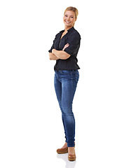 Image showing Business woman, portrait and studio with smile, space and jeans for arms crossed. Female entrepreneur, formal and happy for company, career and mockup standing with white background with confidence