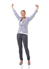 Image showing Portrait, winner and success with business woman in studio isolated on white background for celebration. Wow, motivation and goals with happy young person cheering for target, achievement or victory