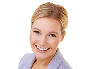 Image showing Professional woman, happy and portrait in studio with confidence for career, job and pride on white background. Female entrepreneur, employee and face with smile for startup, corporate and lawyer