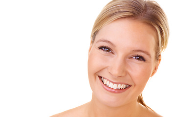 Image showing Woman, portrait and face in studio with smile for dental closeup of model on white background. Person, happiness and cosmetic for skincare and mouth of clean teeth with beauty of treatment results