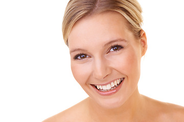 Image showing Person, portrait and face in studio with smile, dental and closeup on model with white background. Woman, happiness and cosmetic for skincare, clean teeth and beauty with facial treatment results