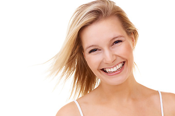 Image showing Portrait, happy and beauty of woman, hair care and makeup in studio isolated on a white background. Face, smile and model with blonde hairstyle, skin and salon treatment at hairdresser for cosmetics