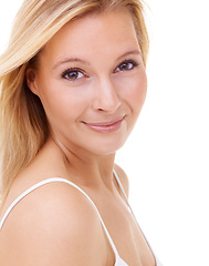 Image showing Portrait, makeup and beauty of woman, skincare and shine in studio isolated on a white background. Face, glow and blonde model in cosmetics, spa facial treatment and dermatology for healthy skin