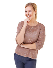 Image showing Happy woman, thinking and remember idea in studio, white background and planning reminder mockup. Creative, brainstorming and person with decision, choice and solution with information from faq