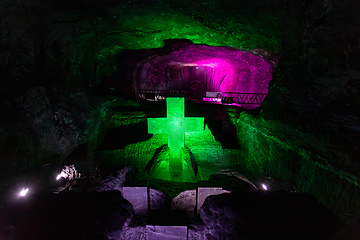 Image showing Magnificent cross glows with spiritual light in famous underground Catedral de Sal (Salt Cathedral) of Zipaquira, Colombia