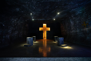 Image showing Magnificent cross glows with spiritual light in famous underground Catedral de Sal (Salt Cathedral) of Zipaquira, Colombia