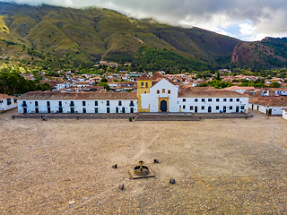 Image showing Aerial view of the Plaza Mayor, largest stone-paved square in South America, Villa de Leyva, Colombia