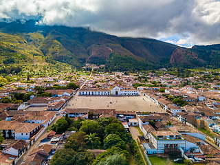 Image showing Aerial view of the Plaza Mayor, largest stone-paved square in South America, Villa de Leyva, Colombia