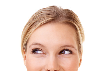 Image showing Mock up, closeup and woman for vision, planning and ideas against white background in studio. Female model, natural makeup and eyes with glow, lashes and hair for skin care, haircare or cosmetics