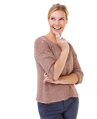 Image showing Thinking, idea and happy woman remember in studio, white background and planning mockup. Creative, brainstorming and person with decision, choice and solution with information from faq or memory