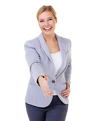 Image showing Portrait, smile and handshake with business woman in studio isolated on white background for welcome. Thank you, partnership or interview with young human resources employee shaking hands for deal