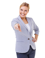 Image showing Happy, pointing and business woman in studio for calling, direction or choosing hand gesture. Smile, portrait and professional female person with decision expression isolated by white background.