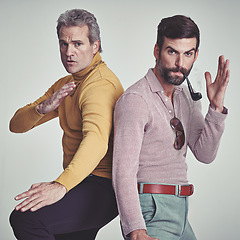 Image showing Portrait, men, karate and fashion in studio together with grey background, smart clothes and unique style with smoking pipe. Fashionable, vintage and retro with modern look, elegance and class
