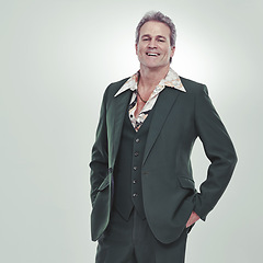 Image showing Senior, portrait and happy man in fashion, confidence or style for business or outfit on a gray studio background. Mature, male person or model posing with smile for stylish suit on mockup space