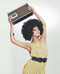 Image showing Fashion, black woman and smile in studio with radio, afro and grey background in vintage and happy. Colourful, retro and outfit for fashionista with old school look, style and trends with confidence