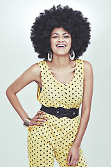 Image showing Portrait, woman and fashion in studio with smile, white background and confident in colourful outfit for summer look. Afro, style and elegance with casual look in glamour, accessories and happy