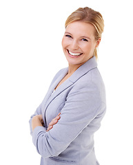 Image showing Professional woman, fashion and smile in studio with confidence for startup, success and pride. Happy, entrepreneur and pose with hands on hips for positive, job and career on white background