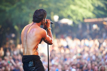 Image showing Singer, man and performance at music concert, festival or party with crowd of people. Rock, celebration and musician on stage for show, talent or back of artist on microphone outdoor for social event