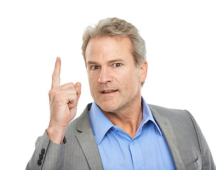 Image showing Angry, business man and portrait with pointing from problem and work mistake in a studio. Mature, sales manager and boss with stress from management issue and frustrated with white background