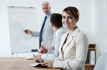 Image showing Woman, portrait and notes for work presentation with graphs or business growth, kpi or mentorship. Female person, face and colleagues with white board or results analysis or training, coach or chart