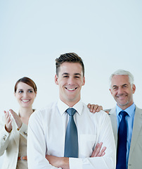 Image showing People, portrait and corporate business in studio for teamwork, leadership and professional businessman. Smiling, confident and happy face for ceo, employee and together with white background