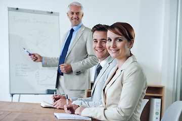 Image showing Meeting, presentation and business people, portrait and strategy with collaboration or corporate training session. Seminar, information and CEO with whiteboard, smile for teamwork and planning