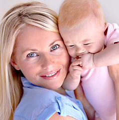 Image showing Portrait, family and mother with a baby, love or nurture with happiness or home with wellness. Face, mama or infant with growth or development with kid or single parent with mommy or bonding together