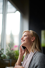 Image showing Phone call, thinking and woman in coffee shop happy for connection, social networking and talking. Restaurant, cafe and person on smartphone for conversation, communication and speak with beverage