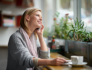 Image showing Phone call, happy and woman with drink in coffee shop for connection, social networking and talking. Restaurant, cafe and person on smartphone for conversation, communication and speak with beverage