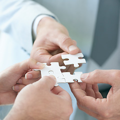 Image showing Puzzle, company and partnership for collaboration, planning and teamwork for hope and goals. Hands, connection and trust for business, solutions and vision for support, idea and investment for people