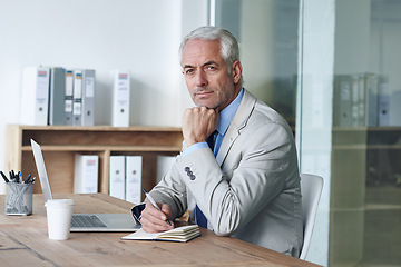 Image showing Senior, businessman and writing, laptop and portrait at desk in the office for consultant notes. CEO, man and plan for budget, payroll and human resources for company in diary for startup proposal