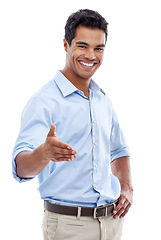 Image showing Handshake, offer and business man in studio meeting for job interview, introduction or agreement. Portrait of professional person and client shaking hands, hello and welcome POV on a white background