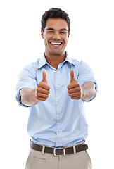 Image showing Business man, yes and thumbs up in studio for achievement, support and like emoji or success. Portrait of professional Mexican employee or worker with good job, okay or feedback on a white background