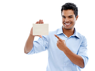 Image showing Business card, happy man or hand pointing to mockup in studio for startup, promotion or marketing on white background. Paper, recruitment or agent with we are hiring space, contact us or information