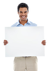 Image showing Poster, mockup and business man in studio with news, presentation or promotion on white background. Banner, recruitment or male agent with space for we are hiring, information or opportunity platform