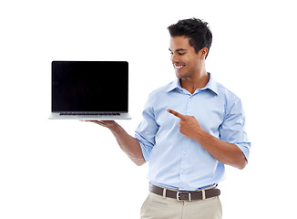 Image showing Business man, laptop and point at mockup screen for advertising, ads and info with tech in studio. Software, UX and marketing for web design with presentation or slideshow on white background