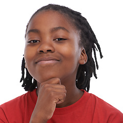 Image showing Portrait, youth and attitude with boy black child in studio isolated on white background for growth or development. Face, smile and happy, cool or confident african kid in idea for childhood progress